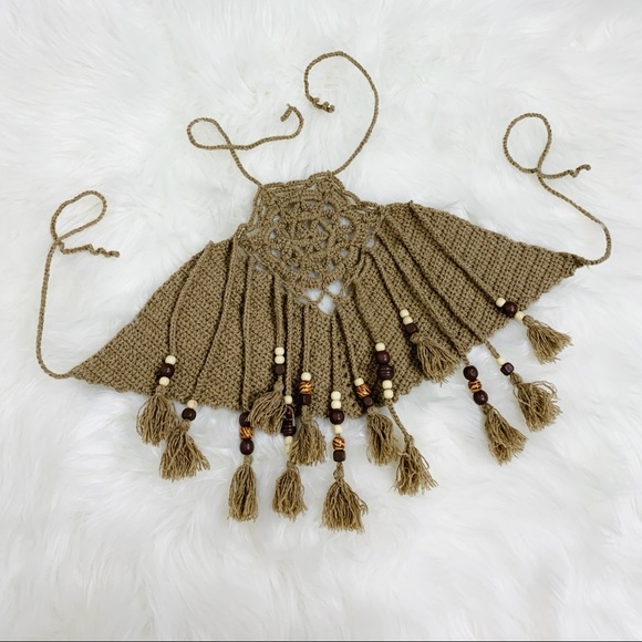 HANDMADE | Brown Crochet Mandala Beaded Tassels Cropped Hippie Halter Top - Picture 6 of 7